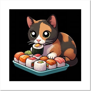 Tortie Cat Eating Sushi Posters and Art